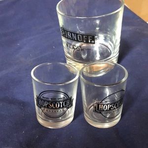 Smirnoff Double Black and 2 Hopscotch whisky glasses